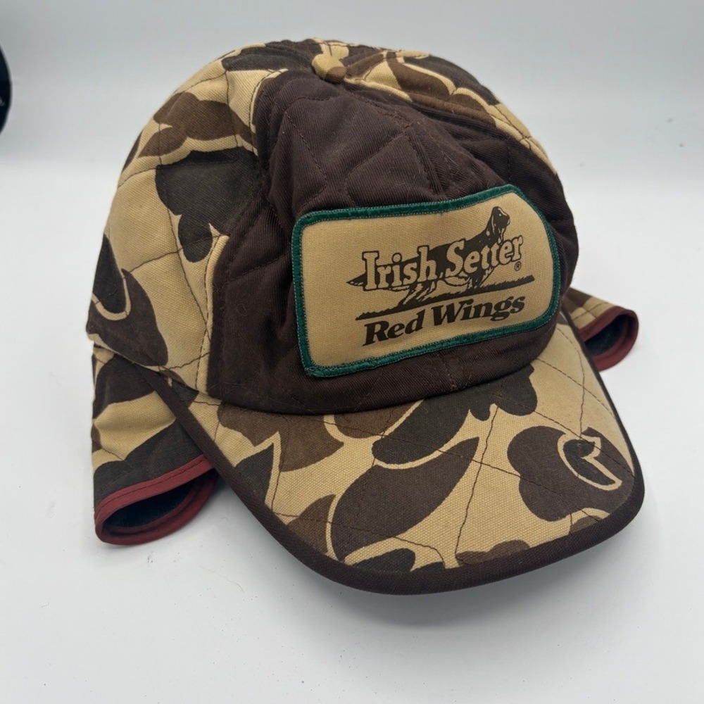 Vintage 80s Irish Setter Red Wings Hunting Hat Sz L Brown Camo Quilted Ear Flaps